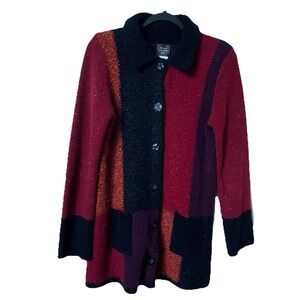 Susan Bristol Wool Cotton Colorblock Longline Cardigan Sweater Red Orange Small